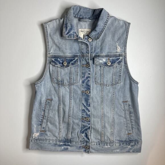 Vintage Abercrombie & Fitch Denim Vest M Distressed Cotton Blue Jean Biker Grung - Picture 1 of 8